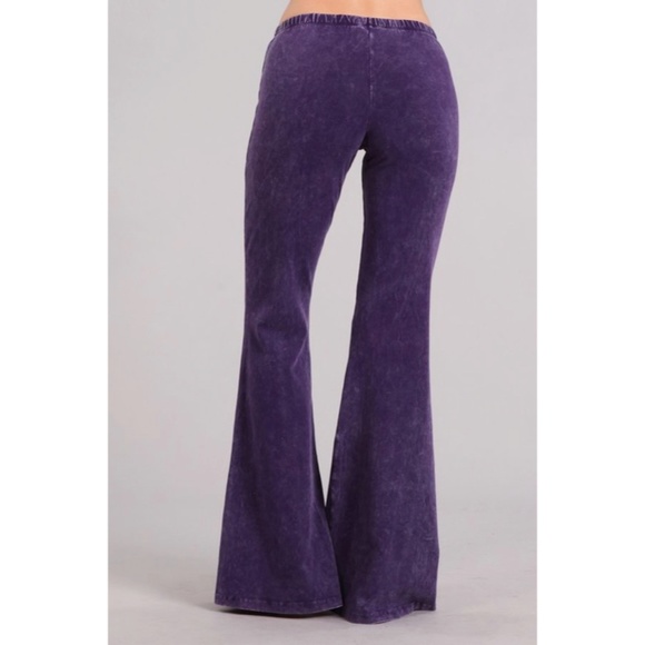 SOLD OUT Grape Purple Boho Mineral Wash Stretch Flared Bell Bottom Casual Pants - Picture 4 of 6